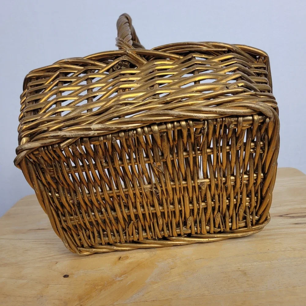 Gold Painted Wicker Flower Basket Vintage Gathering Woven Basket With Handle